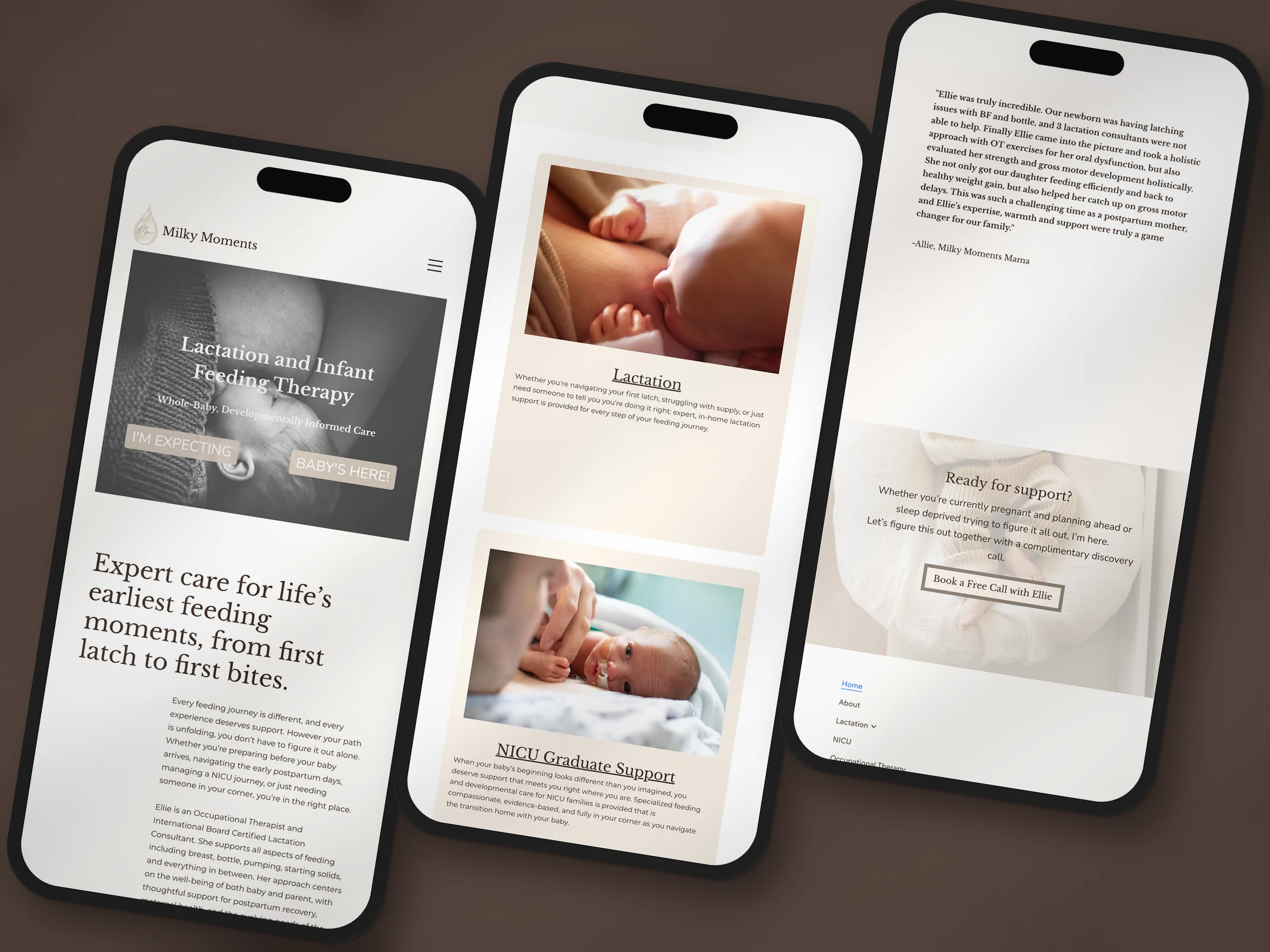 Milky Moments LA website on three phone screens: the home page, lactation and NICU support services, and a parent testimonial with a booking button